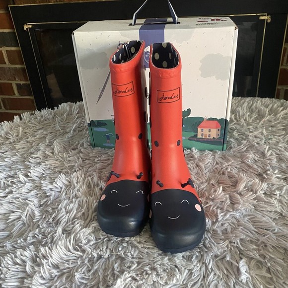 Joules Red Ladybug Rain Boots Big Kids Size 13 Red Black Pull On Wellie Boots - Picture 3 of 11
